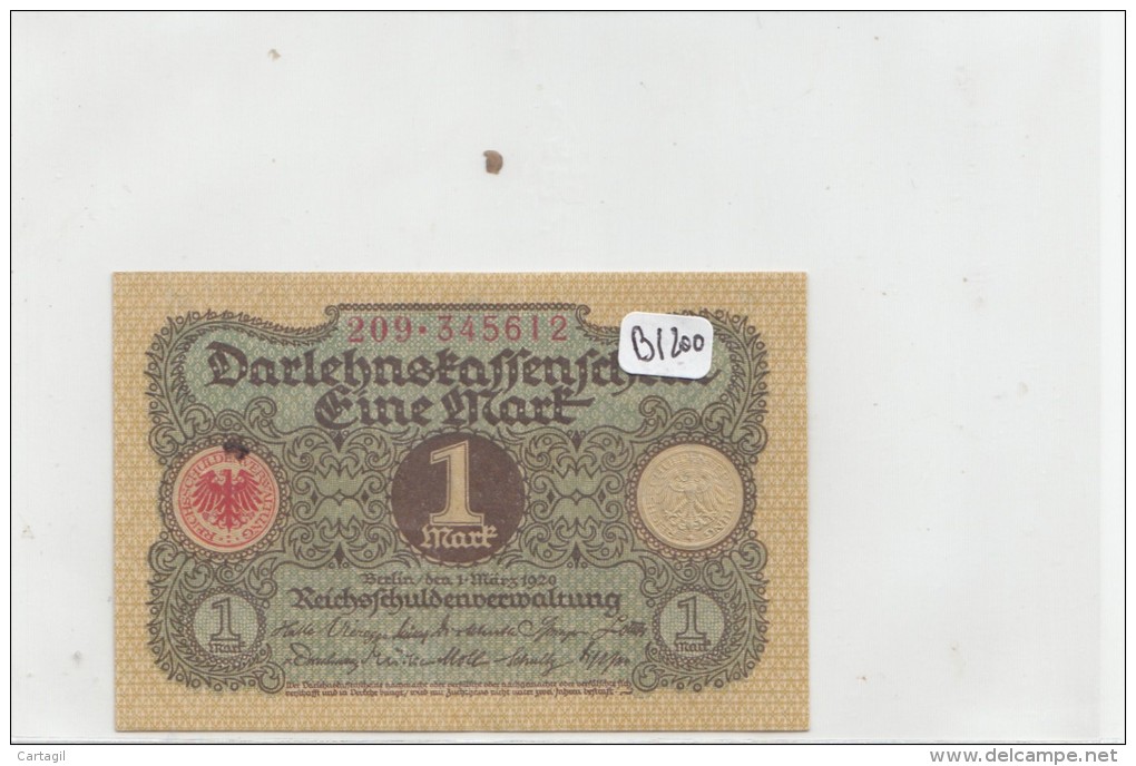 Billets - B1200  -   Allemagne    - Billet 1 Mark 1920 ( Type, Nature, Valeur, état... Voir Double Scan) - Imperial Debt Administration