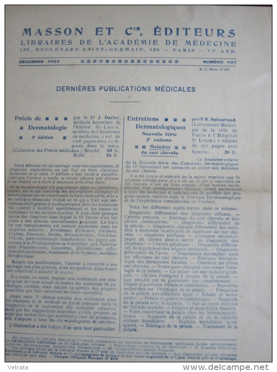 Catalogue 4 Pages Masson & Cie, Éditeurs : Dernières Publications Médicales. 1923 - Geneeskunde & Gezondheid