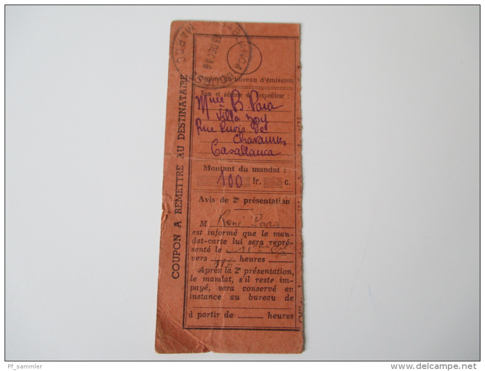 Einlieferungssschein / Postschein 1939 Marokko / Casablanca. Coupon A Remettre Au Destinataire 100 Francs - Andere & Zonder Classificatie