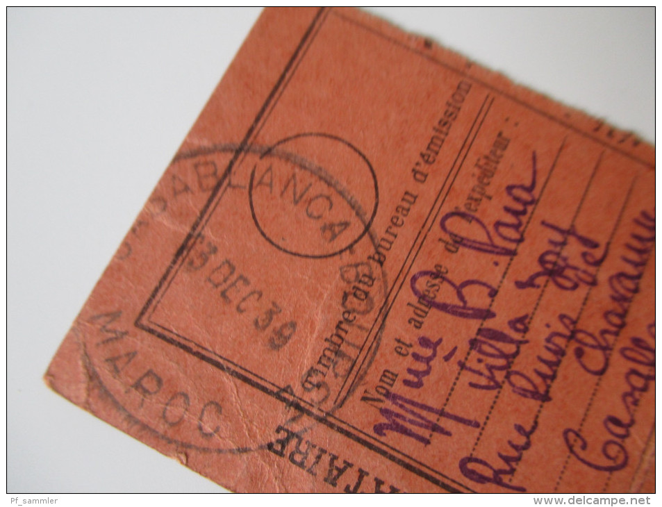 Einlieferungssschein / Postschein 1939 Marokko / Casablanca. Coupon A Remettre Au Destinataire 100 Francs - Other & Unclassified