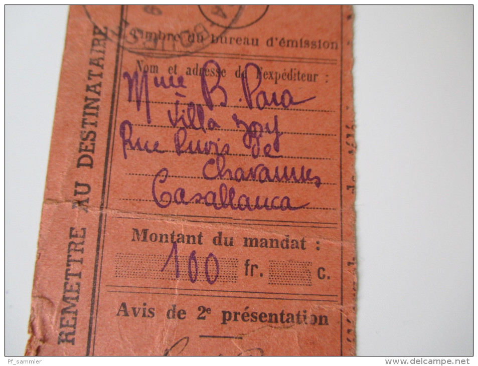 Einlieferungssschein / Postschein 1939 Marokko / Casablanca. Coupon A Remettre Au Destinataire 100 Francs - Altri & Non Classificati