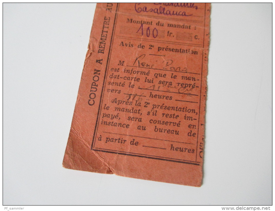 Einlieferungssschein / Postschein 1939 Marokko / Casablanca. Coupon A Remettre Au Destinataire 100 Francs - Altri & Non Classificati