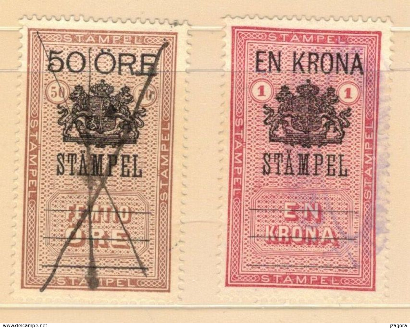 TAX REVENUE STEMPELMERKE STEUERMARKE TIMBRE FISCAL SWEDEN SCHWEDE SUEDE Early 1900-ties 50 Ore, 1 Kr - Fiscali