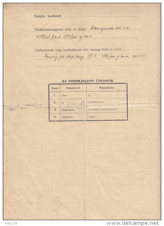 GYMNASIUM DIPLOMA, 2ND GRADE, 30 FILLER STAMP, WATERMARKED PAPER, 1916, HUNGARY - Diplome Und Schulzeugnisse