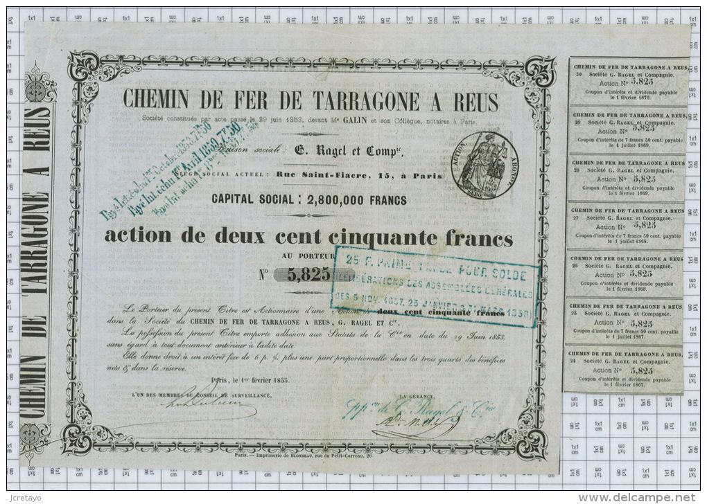 Chemins De Fer De Tarragone à Reus, Ragel Et Cie, 1853 - Railway & Tramway