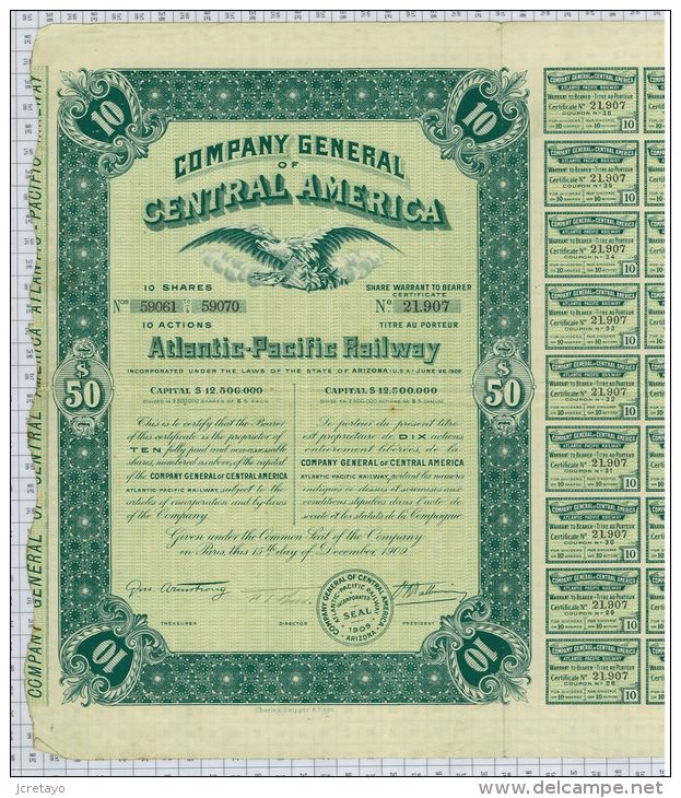 Company General Of Central America Atlantic Pacific Railway, Arizona, Signature Armstrong - Chemin De Fer & Tramway