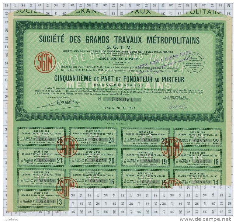 SGTM Sté Des Grands Tavaux Metropolitains, 1/50 Eme De Part De Fondateur - Chemin De Fer & Tramway