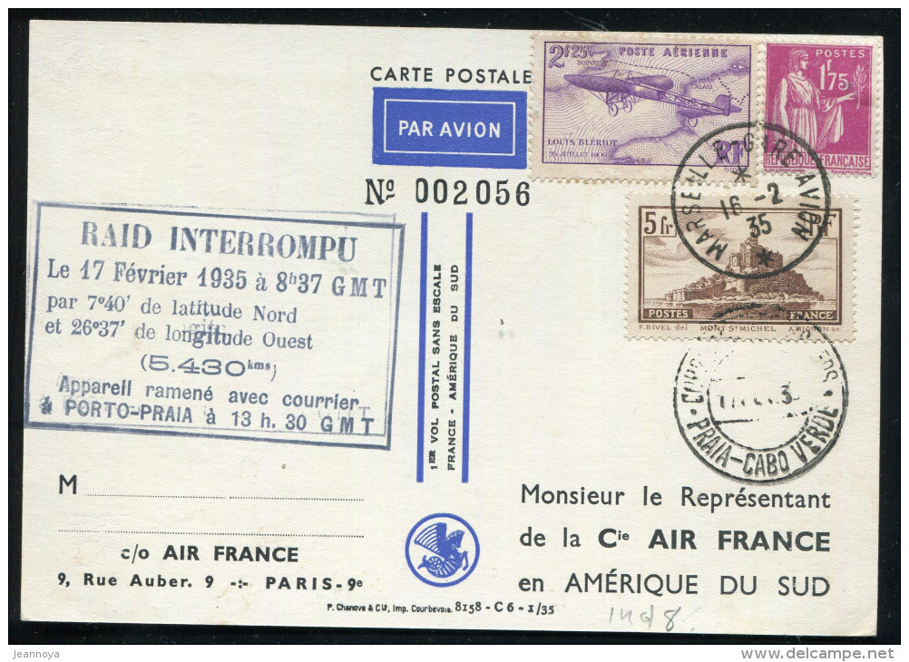 FRANCE - N° 260 + 589 + PA 7 / CP AIR FRANCE DU 16/2/1935, AVEC " RAID INTERROMPU LE 17/2/1935 - SUP - Primeros Vuelos