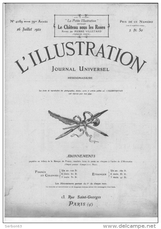 L'ILLUSTRATION 16 JUILLET 1921 N° 4089 AVEC DES PUBLICITES POUR MICHELIN LE SAVON BEAUTE ERASMIC LES BD PAR HE - L'Illustration