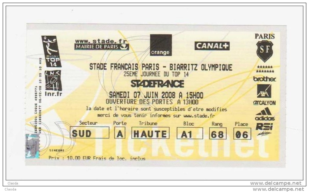 33 NC - Billet RUGBY Au Stade De France (STADE FRANCAIS - BIARRITZ OLYMPIQUE - 7 Juin 2008) 10 Ans Du Stade De France - Rugby