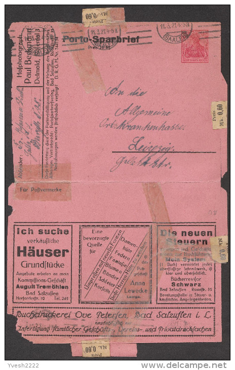 Allemagne 1921. Carte-lettre Annonces. Bad Salzuflen. Vélos, Motos, Pneus En Caoutchouc, Cigares, Vin, Bière, Tapis - Vélo