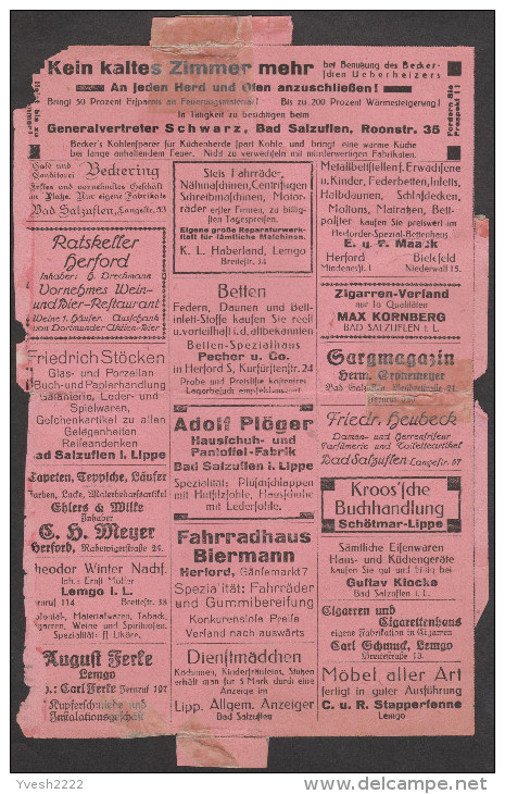 Allemagne 1921. Carte-lettre Annonces. Bad Salzuflen. Vélos, Motos, Pneus En Caoutchouc, Cigares, Vin, Bière, Tapis - Ciclismo