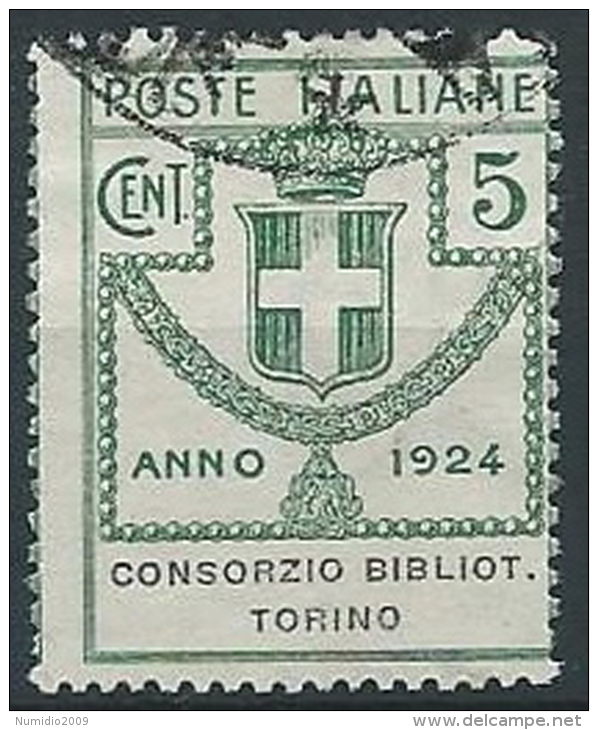 1924 REGNO USATO PARASTATALI BIBLIOT. TORINO 5 CENT - ED427 - Franchise