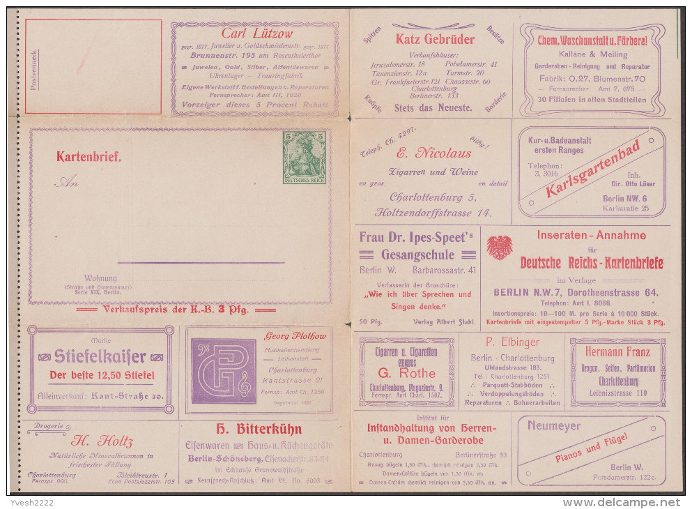 Allemagne 1908. Carte-lettre Annonces. Série XIX De Berlin. Or, Montres, Bijoux, Pianos, école De Chant, Dentelle - Musique