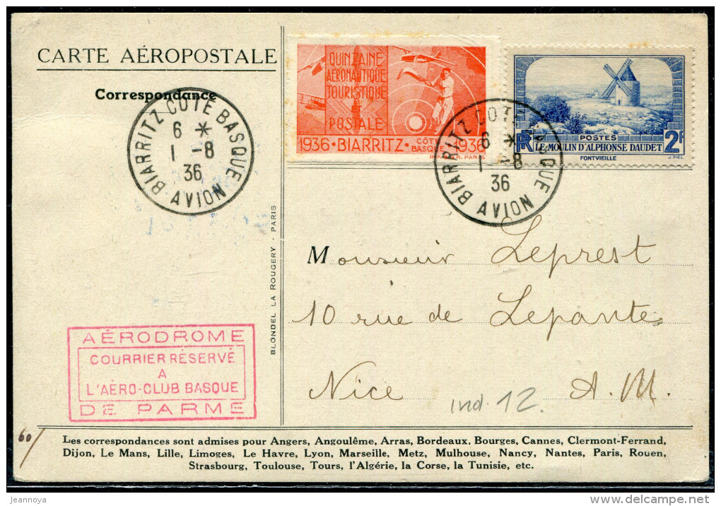 FRANCE - N°311 + VIGNETTE / CP AVION DE BIARRITZ 1/8/1936, POUR NICE - SUP - Primeros Vuelos