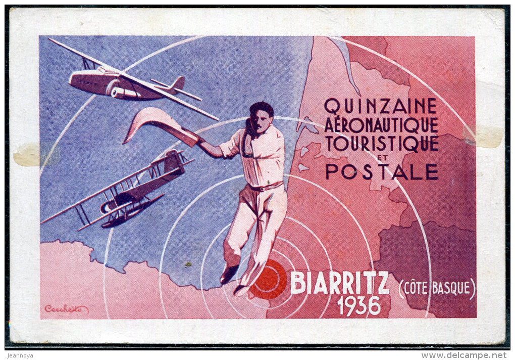 FRANCE - N°311 + VIGNETTE / CP AVION DE BIARRITZ 1/8/1936, POUR NICE - SUP - Primeros Vuelos