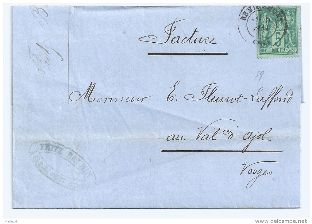 SAGE TYPE 2 / 5 C VERT SUR LETTRE / REMIREMONT VOSGES POUR LE VAL D'AJOL / 1879 / FONDERIE - 1877-1920: Periodo Semi Moderno