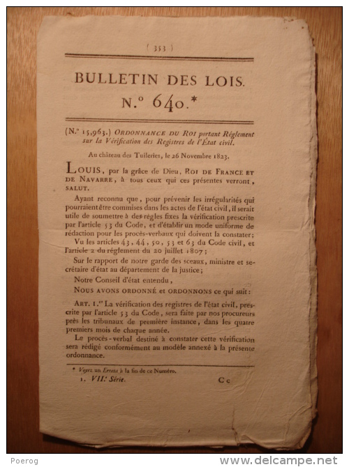 BULLETIN DES LOIS De DECEMBRE 1823 - REGLEMENT REGISTRES ETAT CIVIL MARIAGES DECES - BORDEAUX - SUBSISTANCES MILITAIRES - Decrees & Laws
