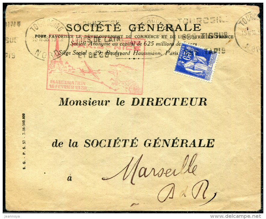 FRANCE - N° 365 / LETTRE DE TOURCOING LE 15/2/1938, 1er VOL PARIS NICE , MULLER N° 421- B - Premiers Vols