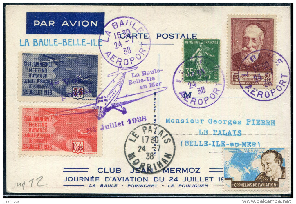 FRANCE - N° 361 + 380 + VIGNETTES / CP COMMEMORATIVE DE LA BAULE LE 24/7/1938, 1er VOL LA BAULE BELLE ILE - TB - Erst- U. Sonderflugbriefe
