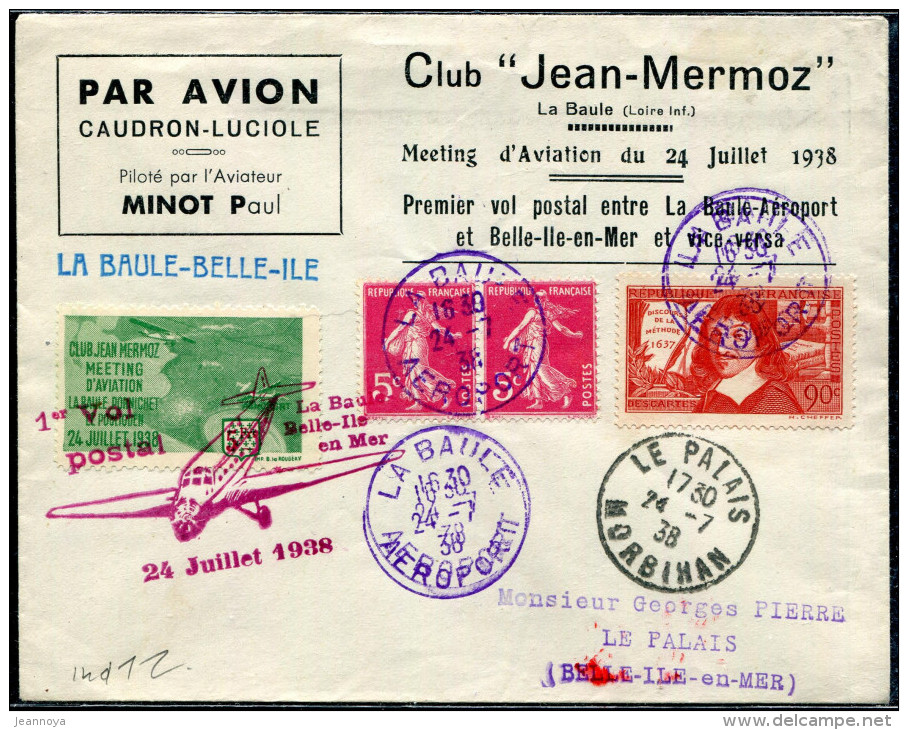 FRANCE - N° 278B (2) + 342 + VIGNETTE / LETTRE COMMEMORATIVE DE LA BAULE LE 24/7/1938, 1er VOL LA BAULE BELLE ILE - SUP - Erst- U. Sonderflugbriefe