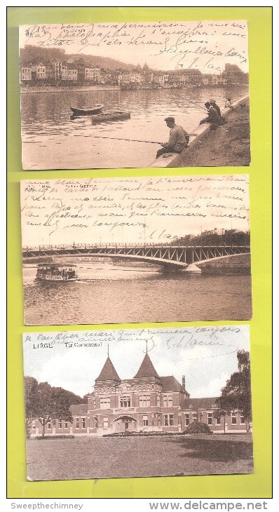 TROIS 3 LIEGE POSTCARDS MILITARY POSTMARKS ? 1. Le Tir Communal 2.Les Pecheurs (FISHING) 3. Pont De Commerce - Luik