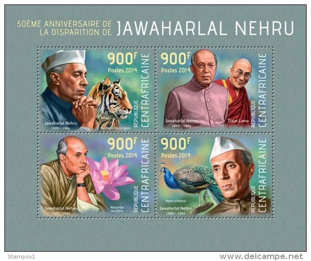 Central African Republic. 2014 Jawaharlal Nehru. Peacocks. (110a) - Paons