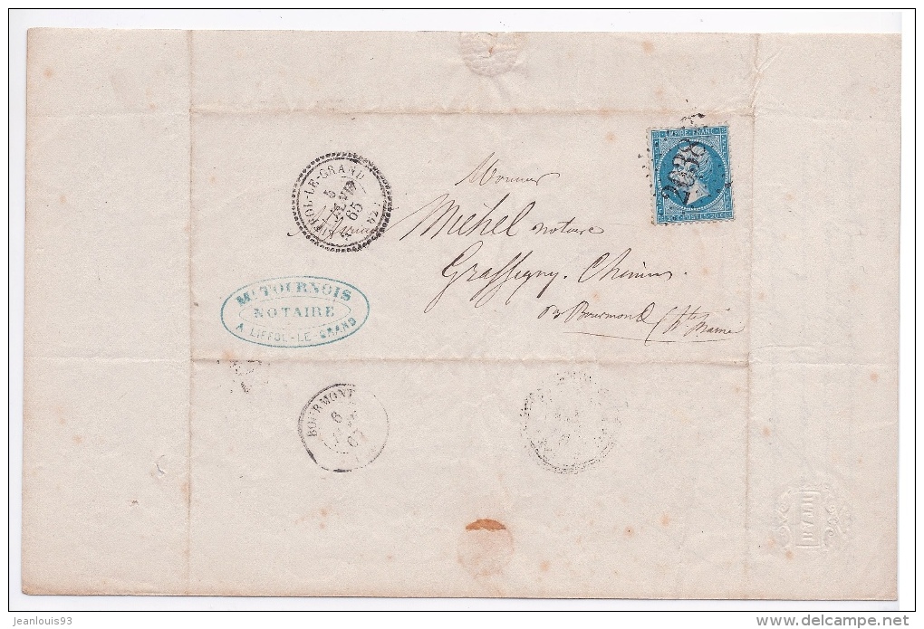 FRANCE  - LETTRE NAPOLEON GC 2038 LIFFOL LE GRAND 82 1865 CACHET PERLÉ POUR BOURMONT HAUTE MARNE - 1853-1860 Napoleon III