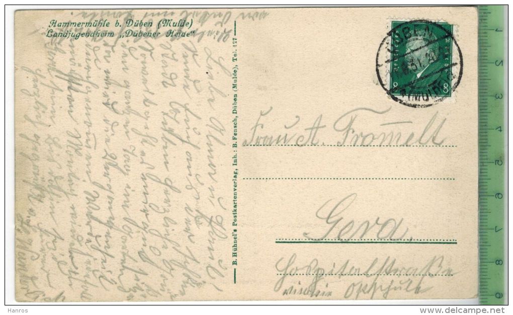 Hammermühle B. Düben, Landjugendheim -1931 -,Verlag: B. Fensch, Düben, Postkarte Mit Frankatur, Mit Stempel DÜBEN - Bad Dueben