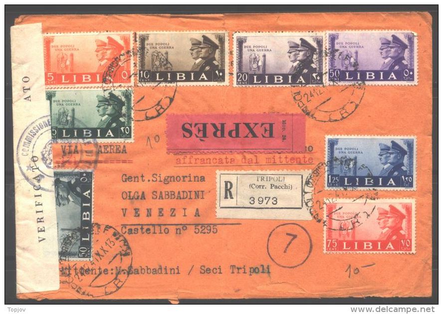 ITALIA -  LIBYA - MUSSOLINI + HITLER - EXPRES RECOM. Letter - COMPLET  Set - Tripoli To Venezia - 24. XIII  1941 - Libia