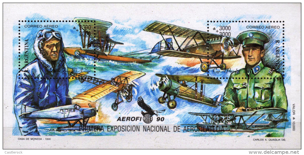 G)1990 ARGENTINA, AIRPLANE-PILOTS-WATER PLANE, AEROPHILATELY FIRST NATIONAL SHOW, S/S, MNH - Neufs