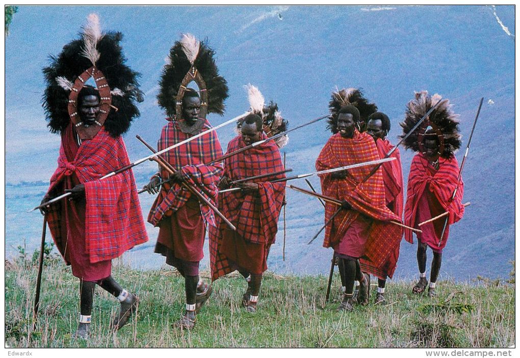 Masai Warriors, Kenya Postcard Used Posted To UK 2000s Stamp - Kenya