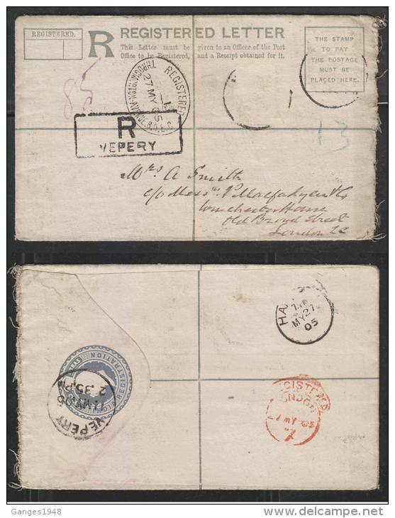 India  KE 2A  Registered Postal Stationery  Vepery To London . England  # 82315  Inde Indien - 1902-11  Edward VII