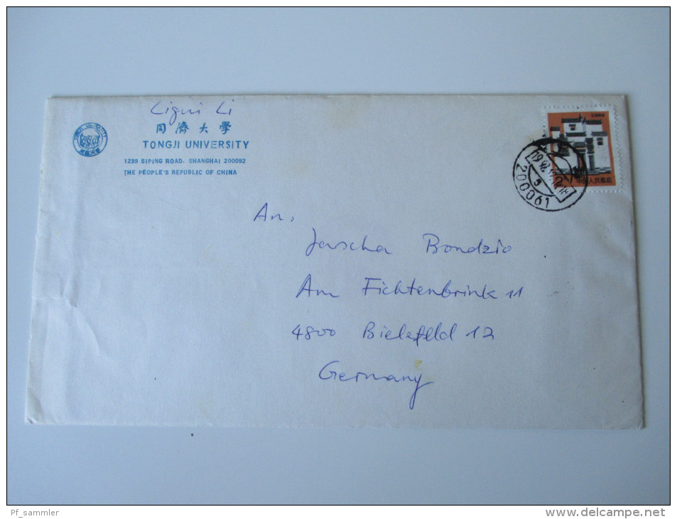 Brief China 1992 Nach Deutschland. Tongji University Shanghai. Mit Inhalt: Klappkarte Mit Foto - Covers & Documents