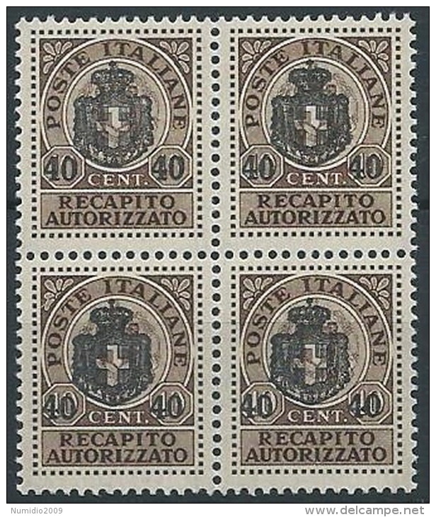 1945 LUOGOTENENZA RECAPITO AUTORIZZATO  40 CENT QUARTINA MNH ** - ED509 - Autorisierter Privatdienst