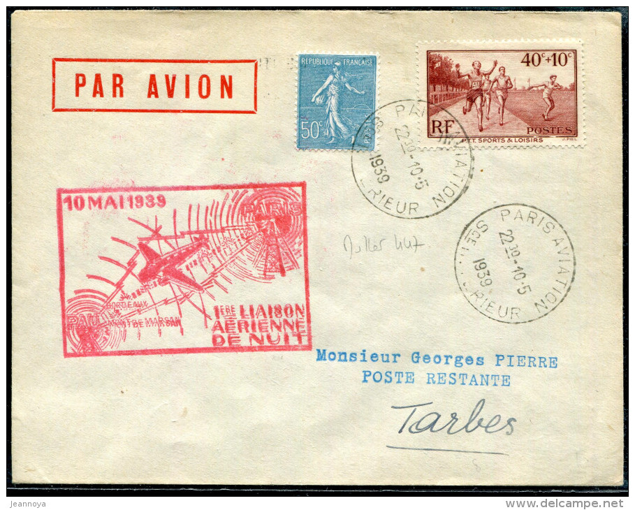 FRANCE - N° 346 + 362 / LETTRE DE PARIS LE 10/5/1939, POUR TARBES, 1er VOL PARIS PAU, MULLER N° 447 - TB - Primeros Vuelos