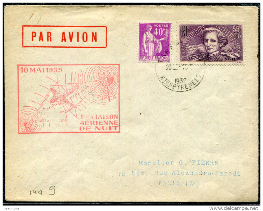 FRANCE - N° 281 + 382 / LETTRE DE TARBES LE 10/5/1939, POUR PARIS, 1er VOL PAU PARIS, MULLER N° 447a - TB - Premiers Vols