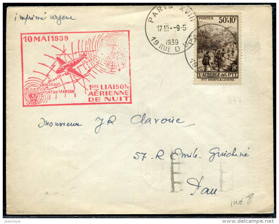 FRANCE - N° 347 / IMPRIMÉ DE PARIS LE 10/5/1939, POUR PAU, 1er VOL PARIS PAU, MULLER N° 447 - TB - Primeros Vuelos