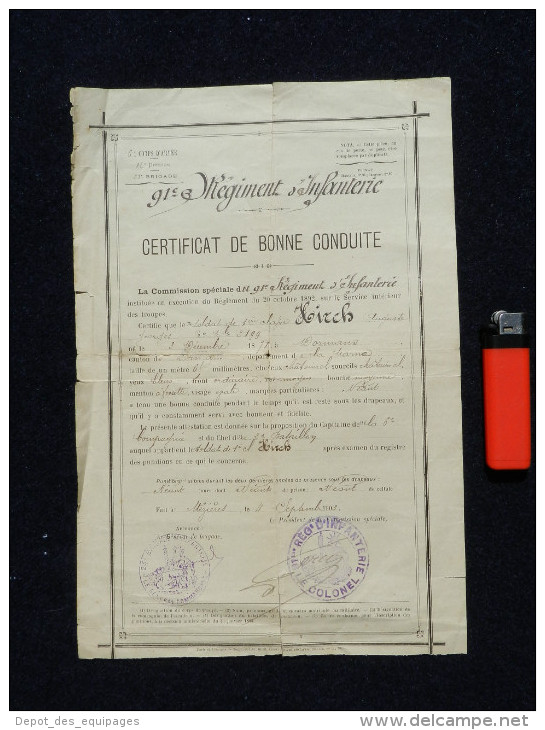 CERTIFICAT DE BONNE CONDUITE -- 91° REGIMENT INFANTERIE -- 1902 ......... - Documents