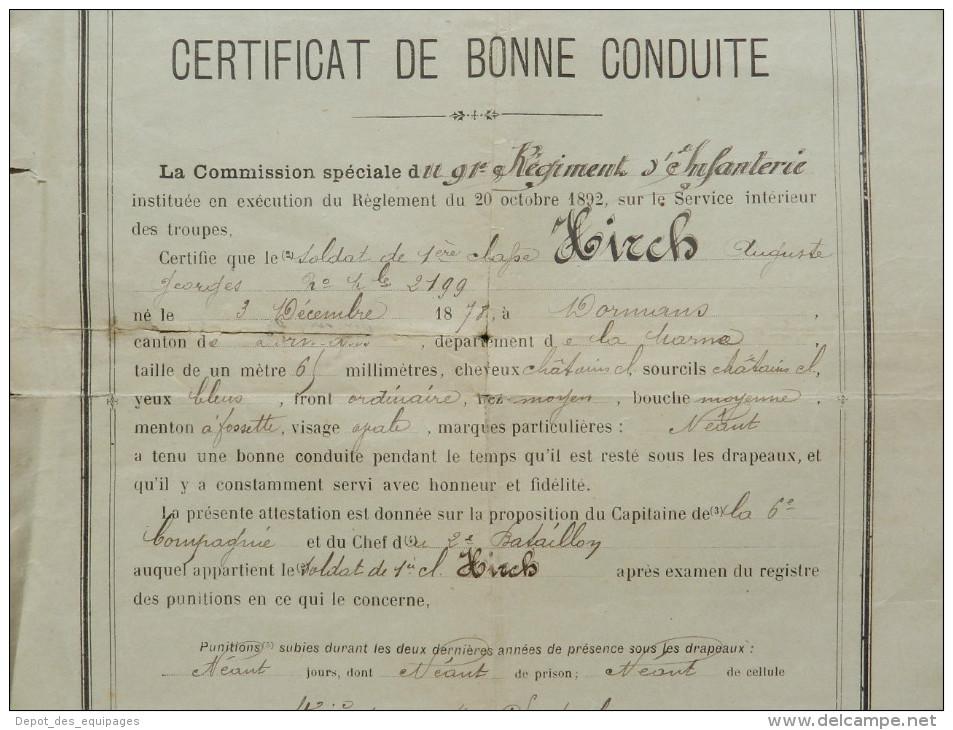 CERTIFICAT DE BONNE CONDUITE -- 91° REGIMENT INFANTERIE -- 1902 ......... - Documents