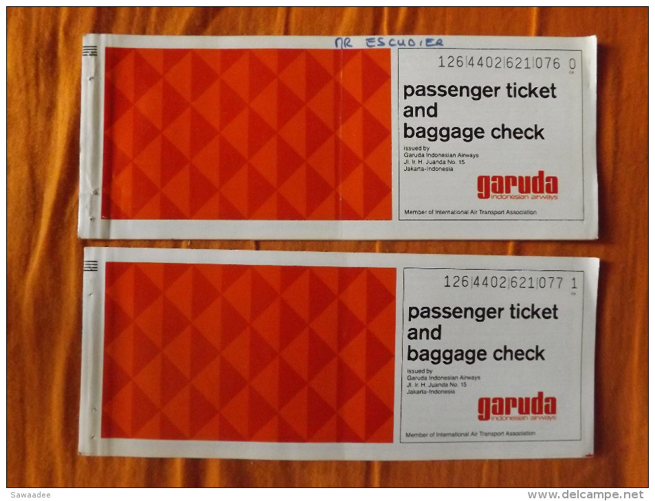 BILLET DE TRANSPORT - AVIATION - INDONESIE - GARUDA INDONESIAN AIRWAYS - LOT DE 2 - 1986 - World