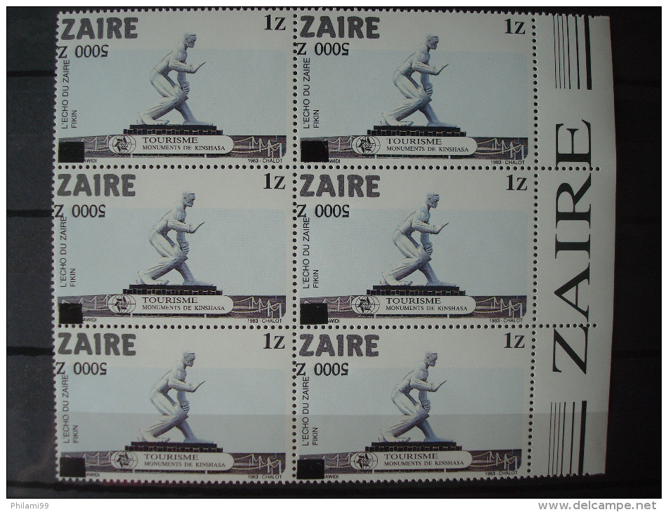 ZAIRE 1991 Nr 1431 BLOC OF 6 / VARIETY INVERTED OVERPRINT 5000 Z / MNH ** / TOURISM - Unused Stamps