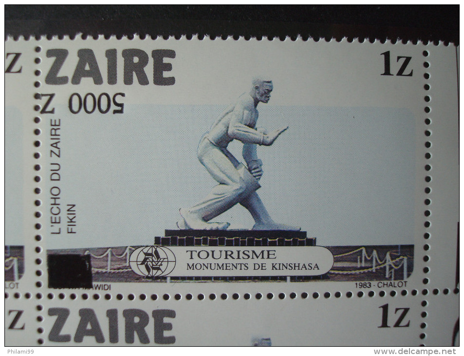 ZAIRE 1991 Nr 1431 BLOC OF 6 / VARIETY INVERTED OVERPRINT 5000 Z / MNH ** / TOURISM - Unused Stamps