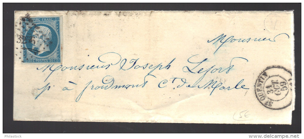 FRANCE N° 14 Obl. S/Lettre Entiére PC 3256 Saint Quentin + Cachet Facteur - 1862 Napoleon III