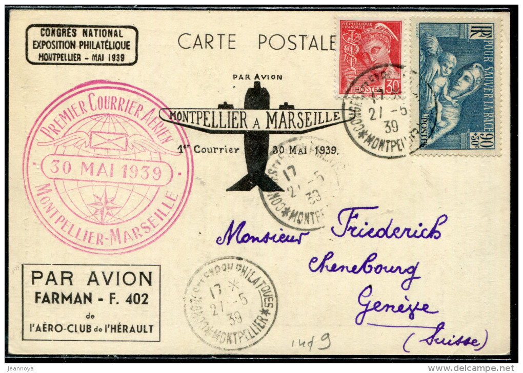 FRANCE - N° 412 + 419 / CP DE MONTPELLIER  LE 27/5/1939, POUR MARSEILLE, 1er VOL DU 30/5/1939, MULLER N° 454 - TB - Premiers Vols