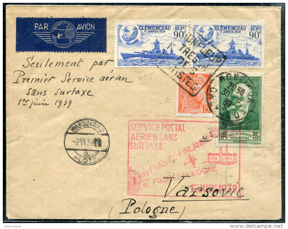 FRANCE - N° 343 + 408 + 425 (2) D'HONFLEUR  LE 30/5/1939, POUR VARSOVIE, 1er VOL FRANCE POLOGNE , MULLER N° 455 - TB - Premiers Vols