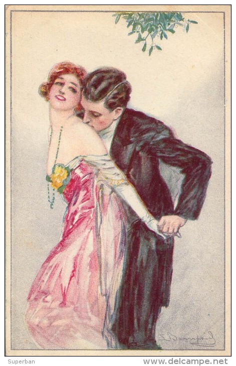 ART DÉCO : COUPLE ROMANTIQUE SOUS GUI / KISS Under MISTLETOE - ILLUSTRATION : S. BOMPARD - ANNÉE / YEAR ~ 1925 (q-045) - Bompard, S.