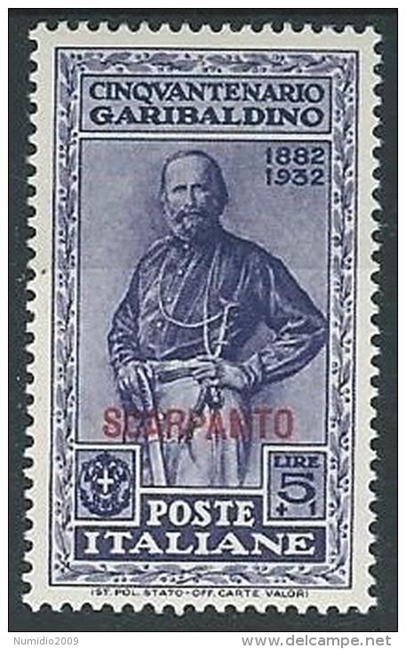 1932 EGEO SCARPANTO GARIBALDI 5 LIRE MH * - ED514 - Ägäis (Scarpanto)