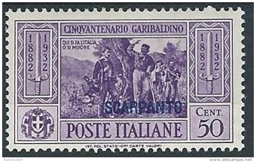 1932 EGEO SCARPANTO GARIBALDI 50 CENT MH * - ED514 - Ägäis (Scarpanto)