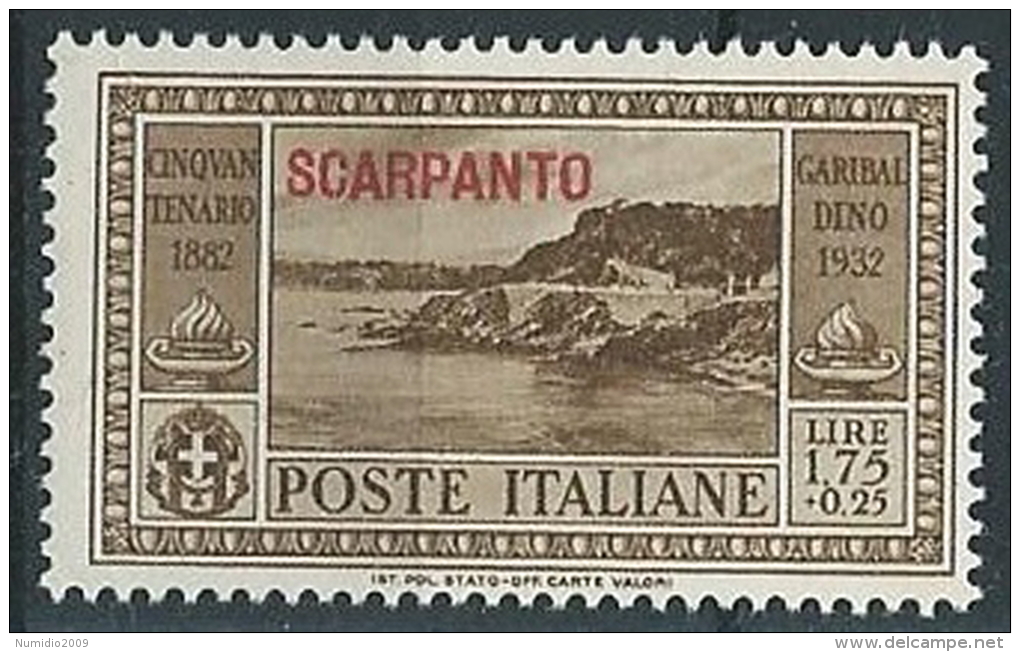 1932 EGEO SCARPANTO GARIBALDI 1,75 LIRE MH * - ED514 - Ägäis (Scarpanto)